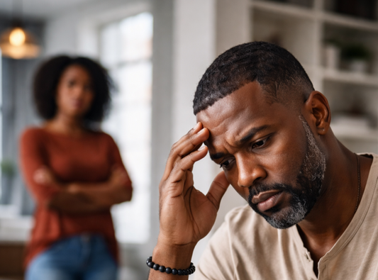 Black man sitting with hand on temple looking stressed while Black woman stands in background with arms crossed — communication problems in Black relationships