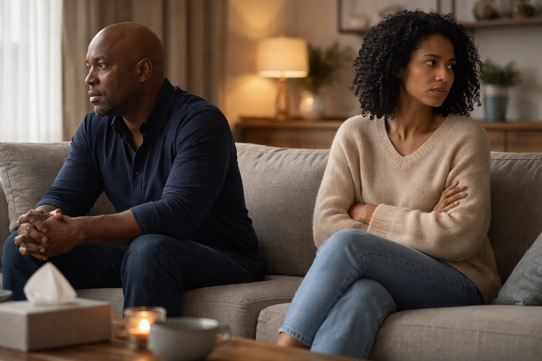 black couple dealing with emotional disconnect after repeated arguments man withdrawn woman frustrated and unheard how to repair communication before relationship falls apart blackmeninpartnership com guide for black men ready to reconnect and lead