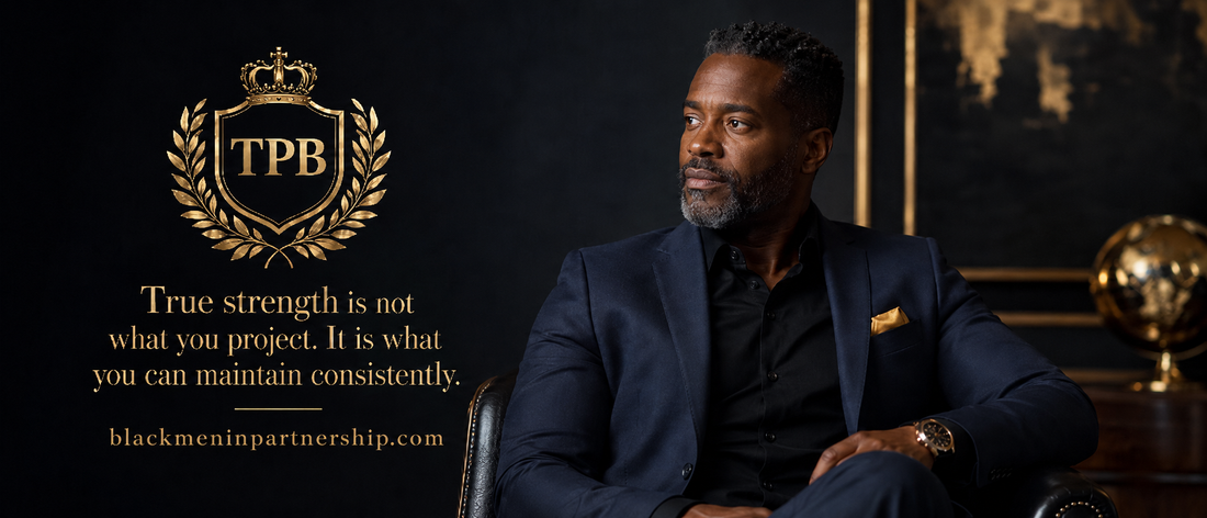 Quote banner for Black men on relationships that reads, True strength is not what you project. It is what you can maintain consistently. From The Partnership Blueprint.