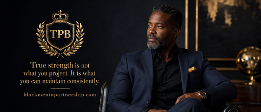 Quote banner for Black men on relationships that reads, True strength is not what you project. It is what you can maintain consistently. From The Partnership Blueprint.