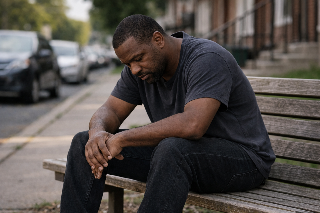 A Black man sitting alone on an outdoor bench, head down, hands clasped, visibly carrying emotional exhaustion