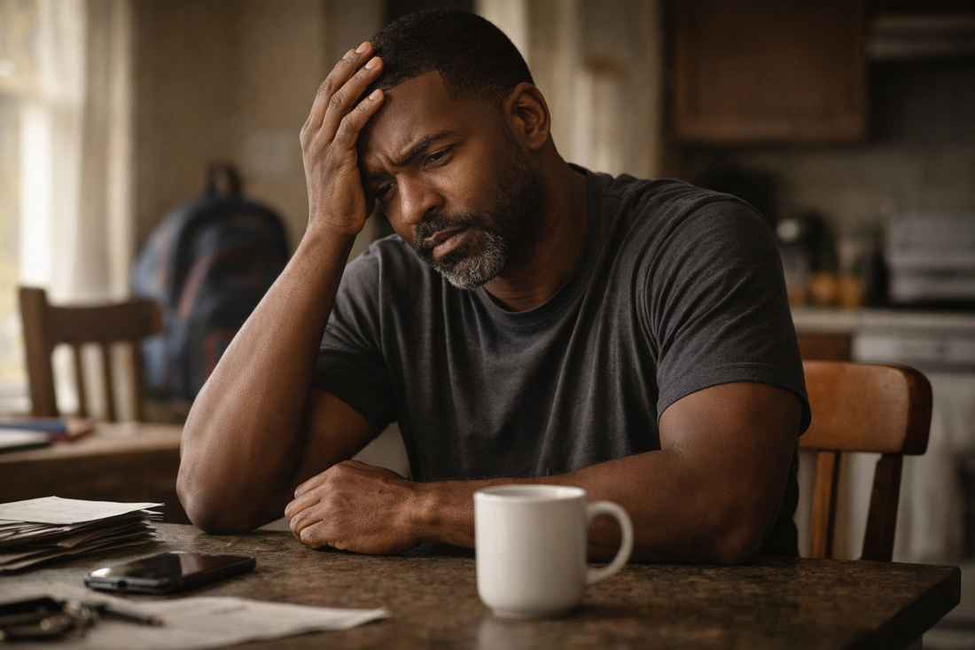 Black man dealing with stress and mental load in silence showing burnout and pressure from family responsibility blackmeninpartnership.com