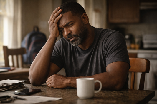 Black man dealing with stress and mental load in silence showing burnout and pressure from family responsibility blackmeninpartnership.com