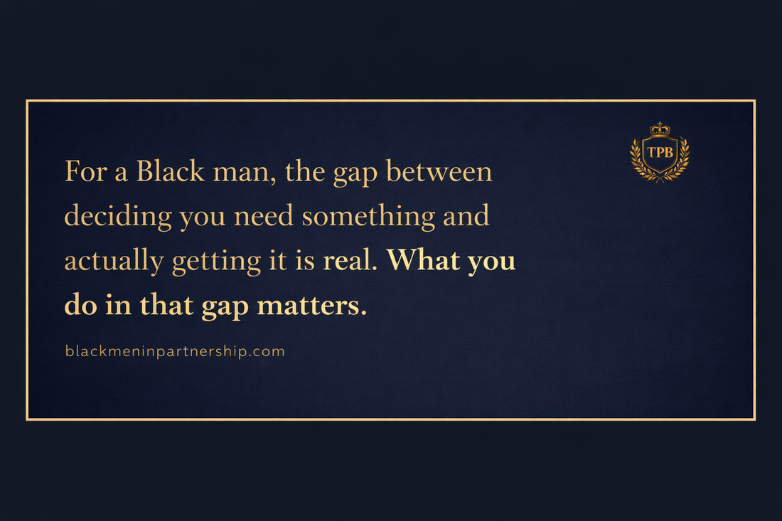 Black men emotional struggle between knowing they need help and taking action, masculine self improvement mindset, mental health and personal growth for Black men blackmeninpartnership.com