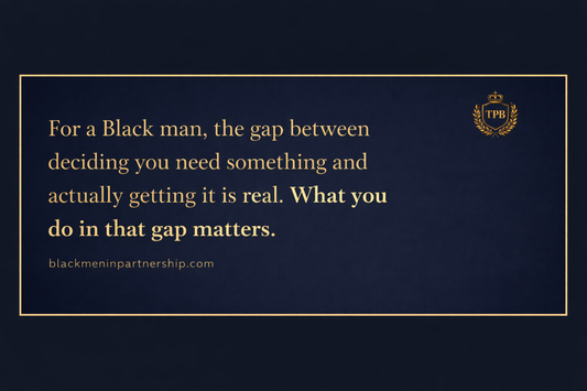 Black men emotional struggle between knowing they need help and taking action, masculine self improvement mindset, mental health and personal growth for Black men blackmeninpartnership.com