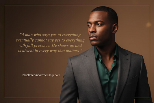 A Black man in a grey suit gazes away as gold italic text reads: "A man who says yes to everything eventually cannot say yes to everything with full presence."