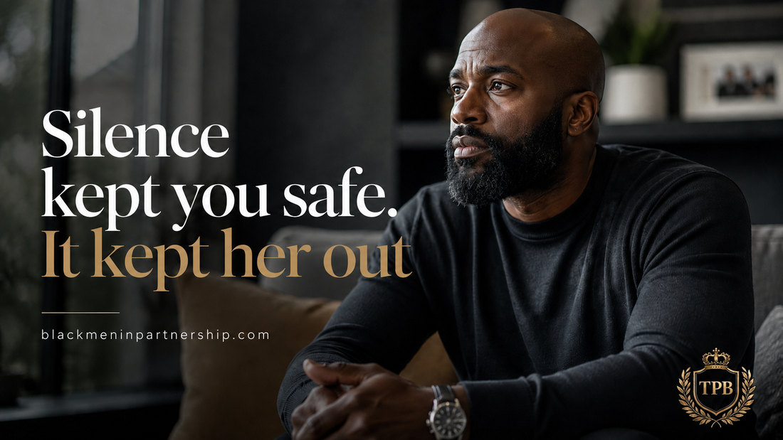 Black man sitting alone in a dim room, withdrawn after an argument, over text reading Silence kept you safe. It kept her out.