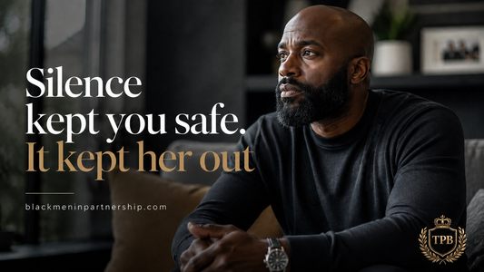 Black man sitting alone in a dim room, withdrawn after an argument, over text reading Silence kept you safe. It kept her out.