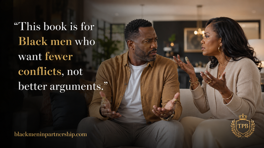Quote graphic for Black men that reads, This book is for Black men who want fewer conflicts, not better arguments. From The Partnership Blueprint.