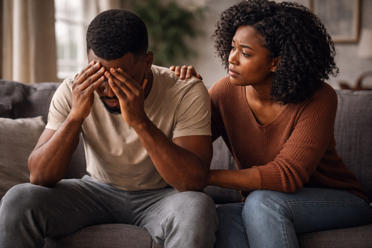 Black man overwhelmed and emotionally shut down while his concerned partner tries to reach him, showing relationship distance, silent stress, and unspoken mental health struggles affecting Black men and their partners
