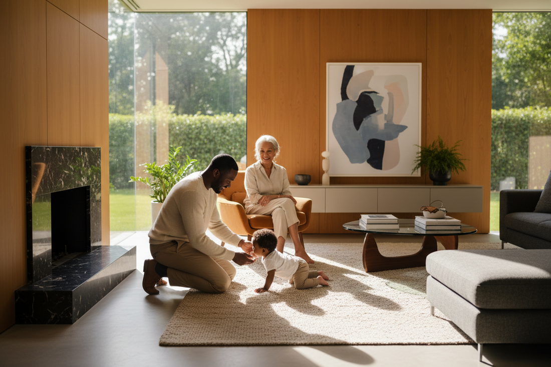 Black man caring for a young child at home with an older family member, representing Black men caregivers and family responsibility. Blackmeninpartnership.com