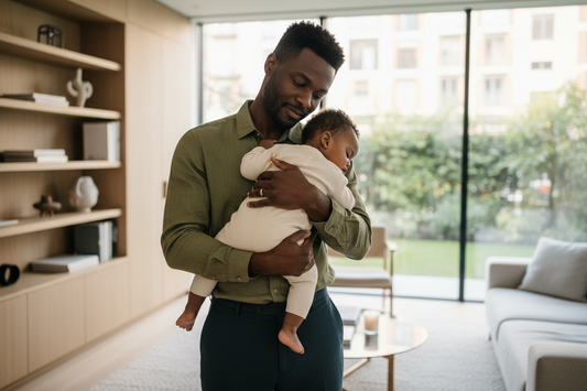 Black father holding his baby realizing emotional distance and the need to become more present beyond providing blackmeninpartnership.com