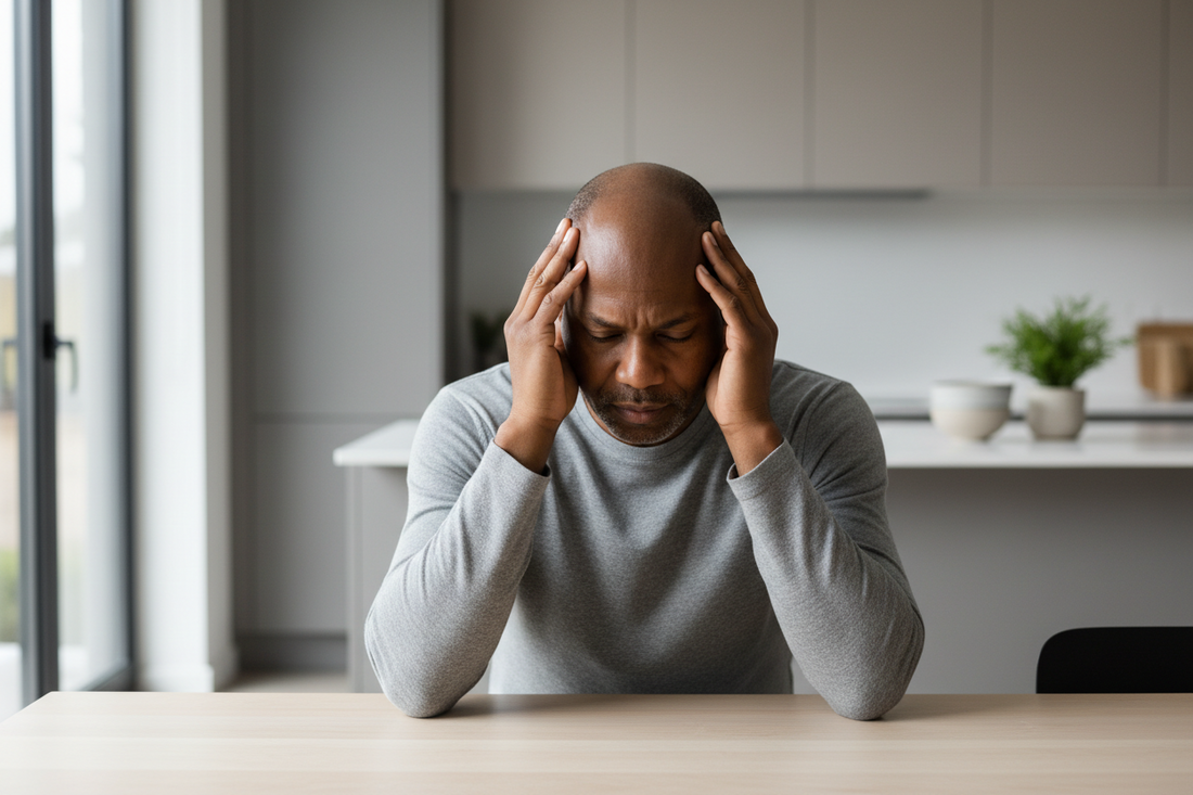 Black man experiencing emotional exhaustion and stress, representing Black men’s emotional wellness, healing, burnout recovery and mental well-being - blackmeninpartnership.com