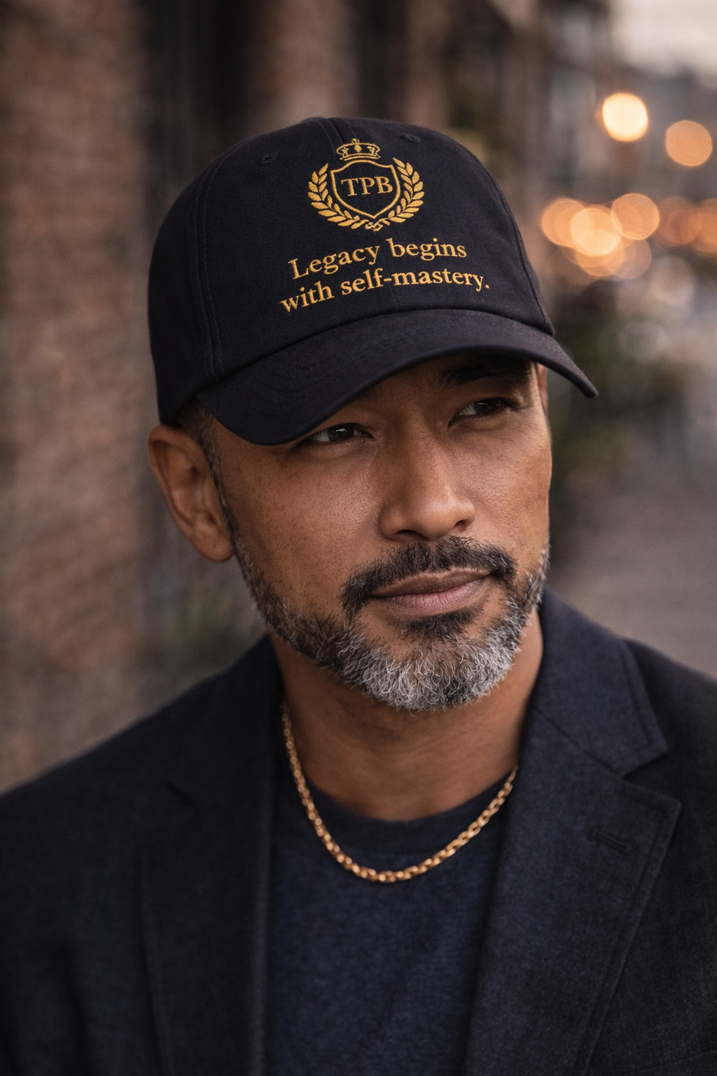 Classy Black man wearing black baseball cap with gold “Legacy begins with self-mastery” embroidery in urban setting